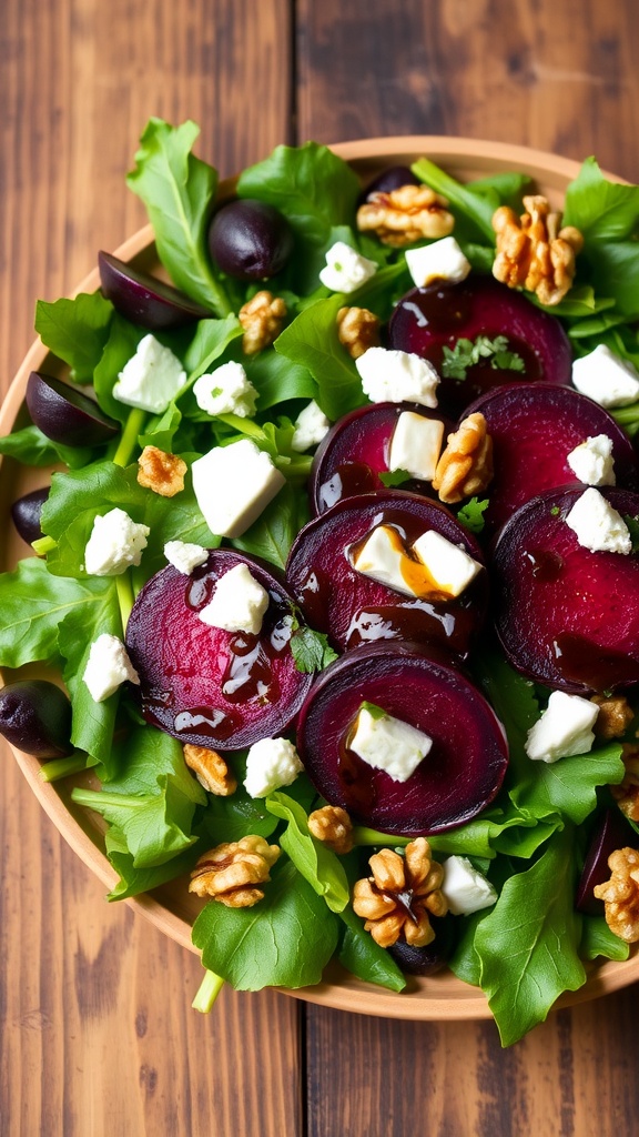 A colorful roasted beet and goat cheese salad with mixed greens and walnuts, drizzled with balsamic vinaigrette.